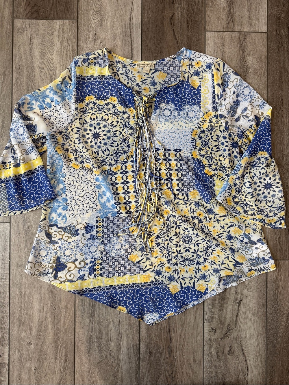 Energe World Wear- Women's Blue and Yellow Lace-Up Patchwork Print Top (L)